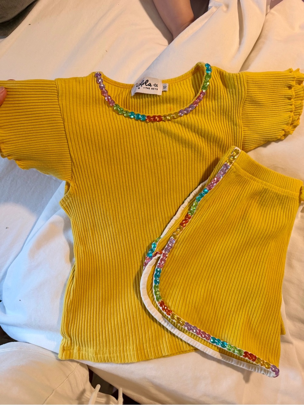 Lola and the boys Yellow Ribbed Girls set with Rainbow Bead Trim